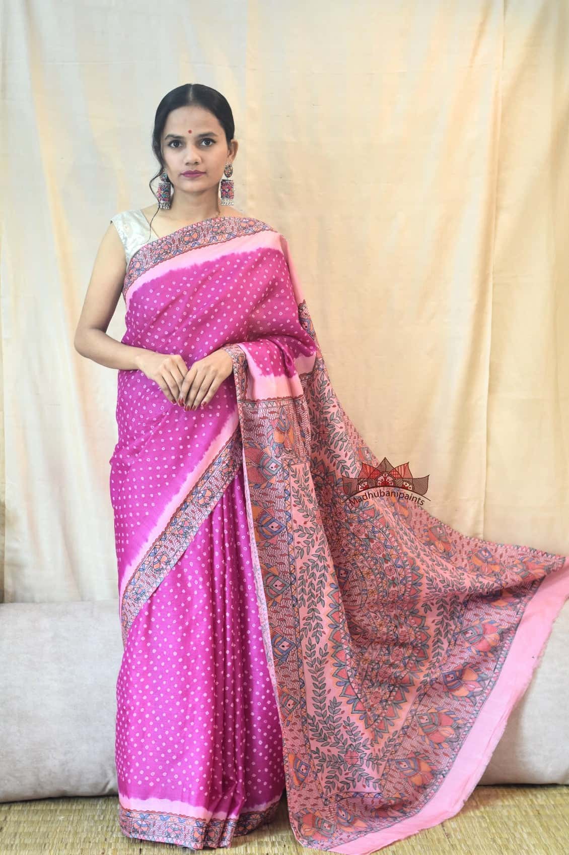 Madhubani Bandhani Gulabi Matasya Leela Hand Painted Saree — image 3 of 4