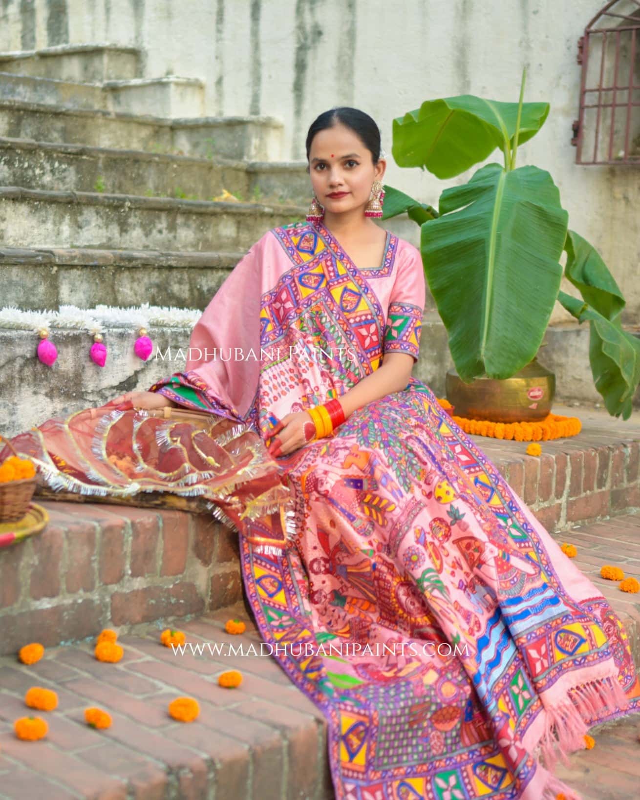 VRATI VANDANA Chhath Puja Handpainted Madhubani Tussar Silk Saree — image 2 of 10