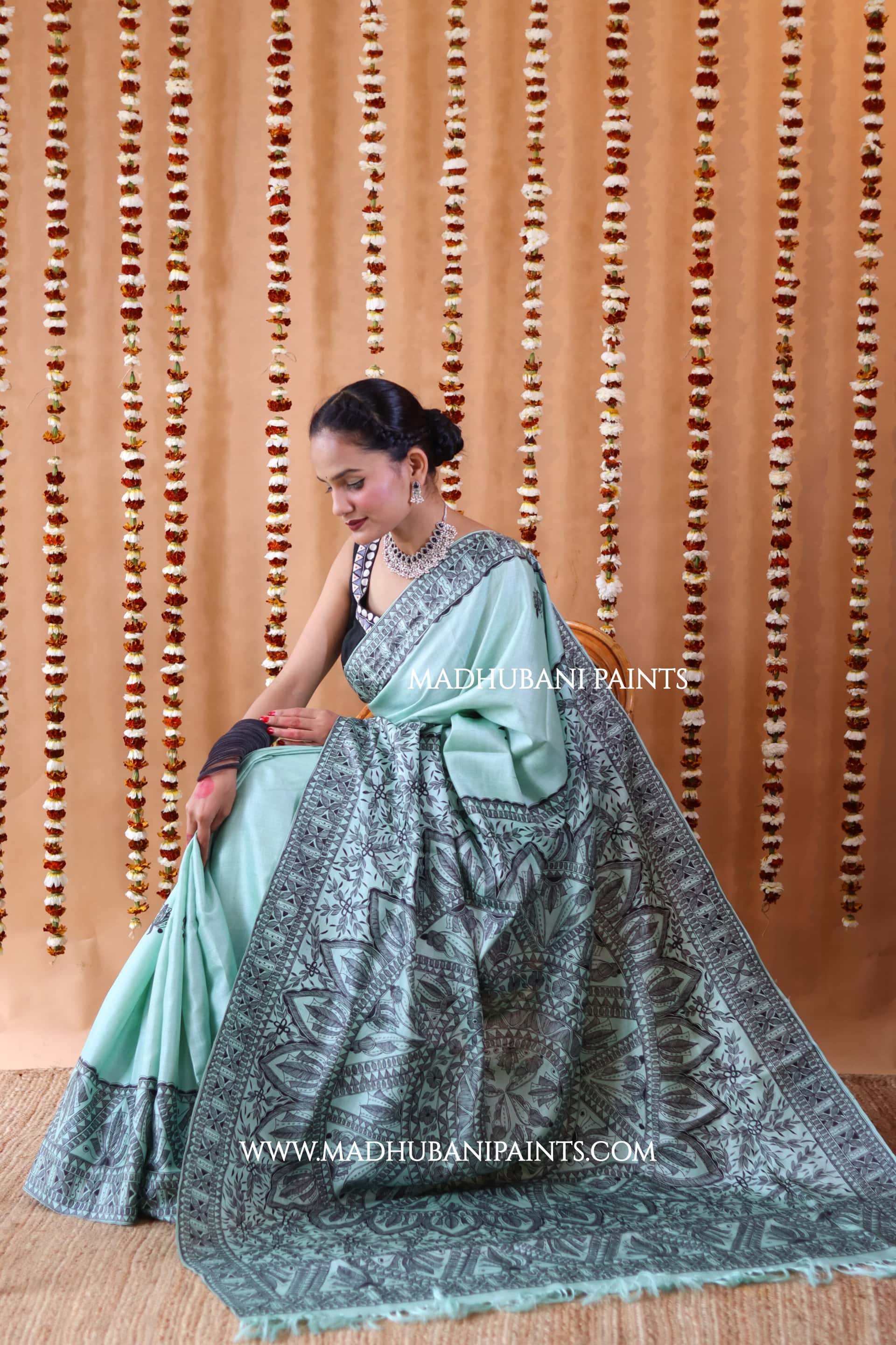 SAANKH KAMAL MANDALA Hand-painted Madhubani Tussar Silk Saree Blouse Set — image 8 of 11