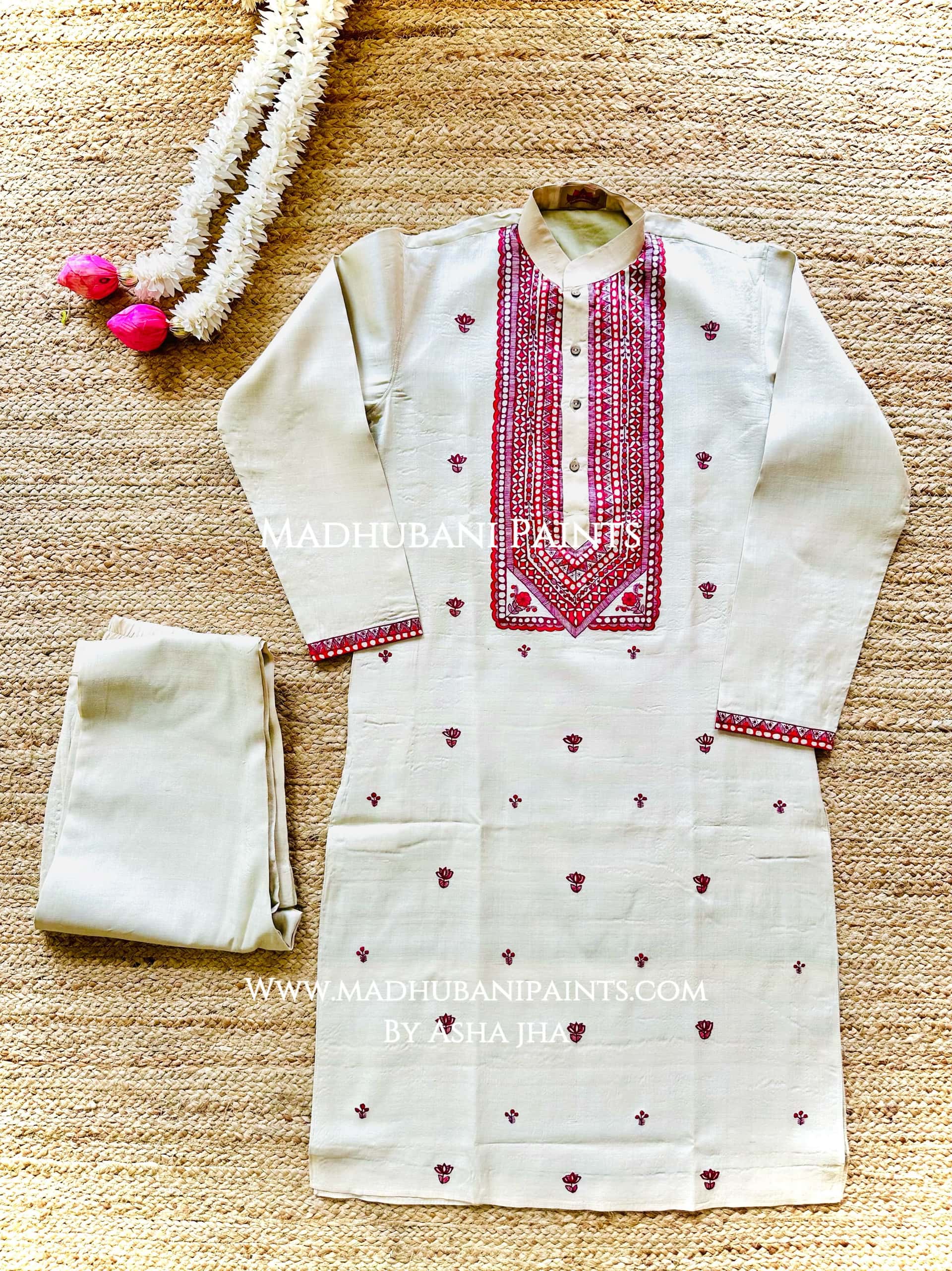 Laal Mithila Kamal Matsya Leela Hand-painted  Madhubani Men's Tussar Silk Kurta — image 2 of 4