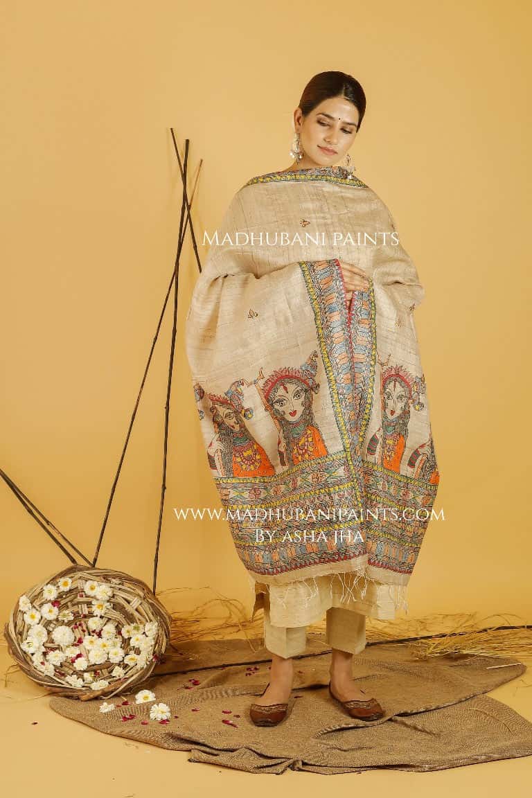 Maa Durga Madhubani Handpainted Pure Handwoven Tussar Silk Dupatta — image 3 of 4