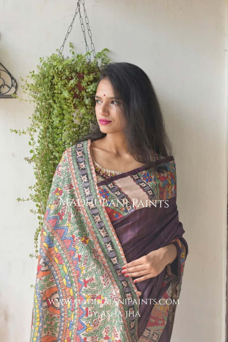 Bidai In Mithila Handpainted Madhubani Painting Saree with stitched blouse — image 4 of 9