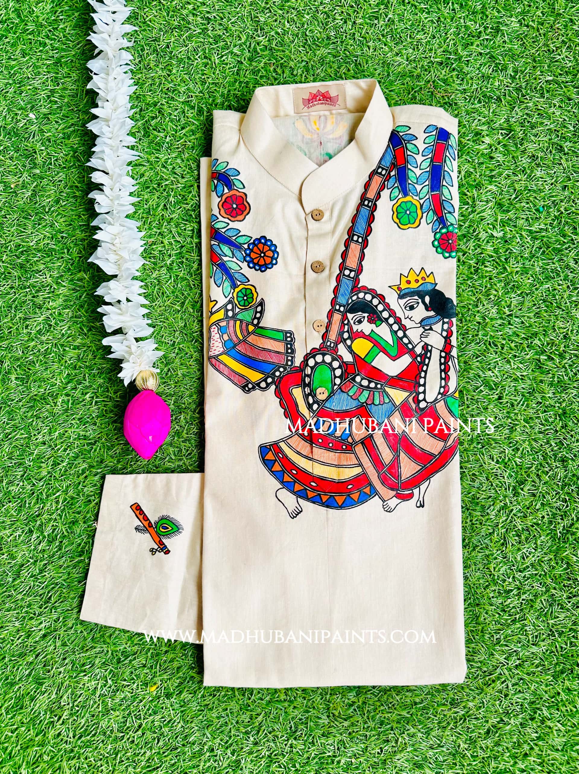 RADHA RAMAN Hand-painted Beige Handloom Men's Cotton Kurta — image 2 of 6