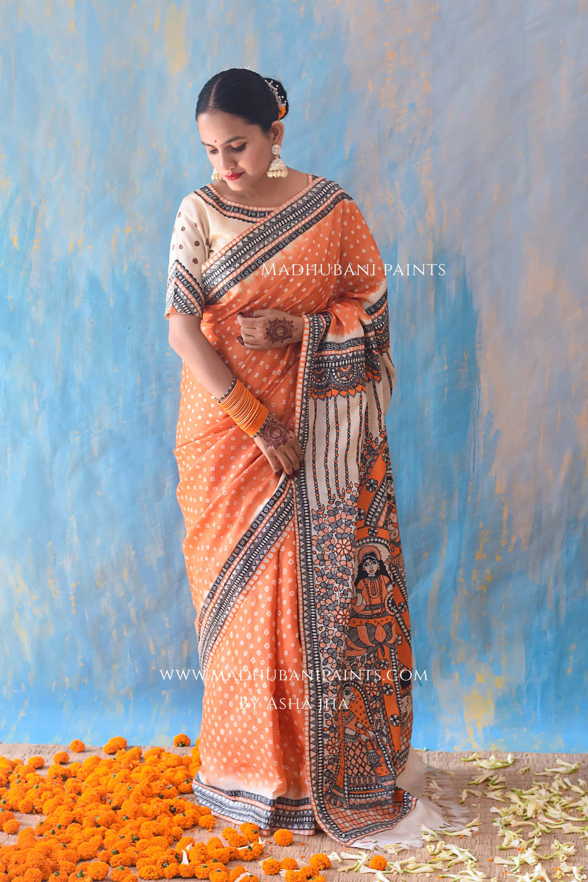 KAMLAKSHI Hand-painted Madhubani Bandhini Tussar Silk Saree Blouse Set — image 3 of 8