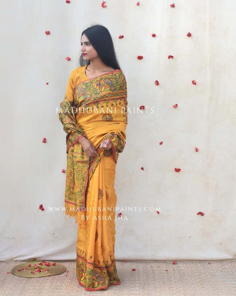 RAMAYANA' Handpainted Madhubani Tussar Silk Saree Blouse Set — image 3 of 7
