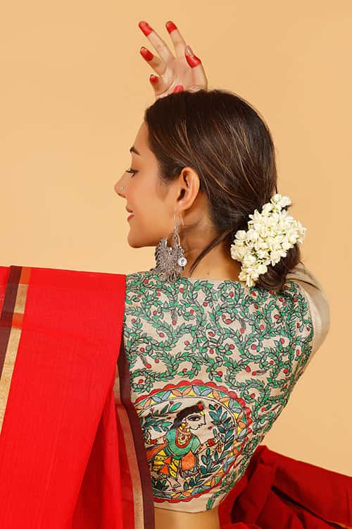 'Krishna' Handpainted Madhubani Tussar silk Blouse — image 7 of 9