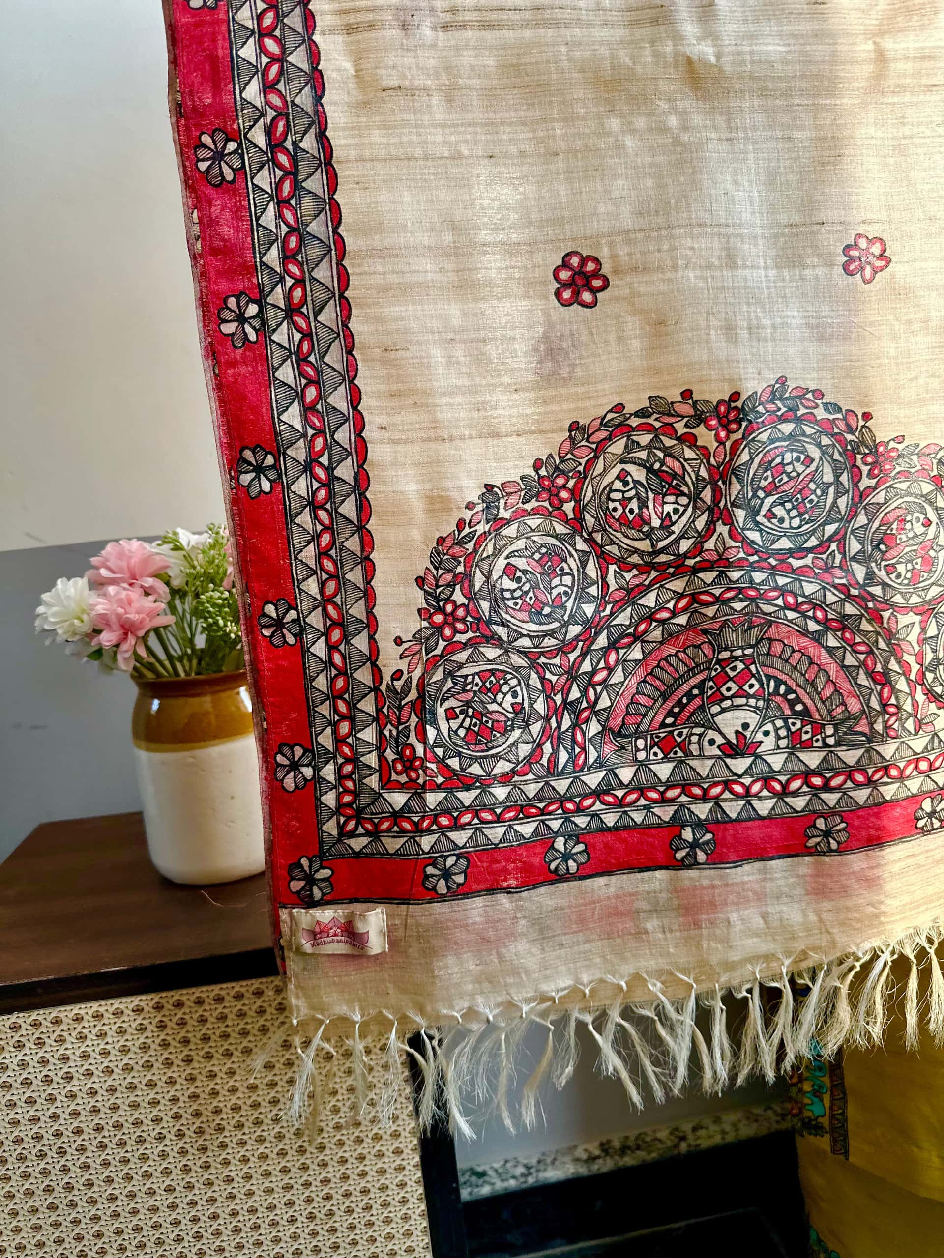 Matsya Red Black Hand-painted Madhubani Tussar Silk Stole — image 2 of 2