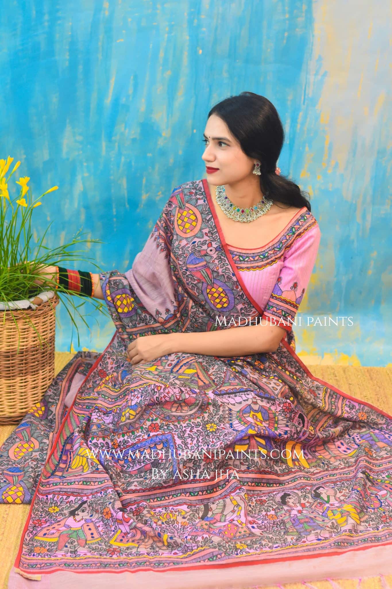 "Gulabi Ramayan" Hand-painted Madhubani Chanderi Saree — image 2 of 8