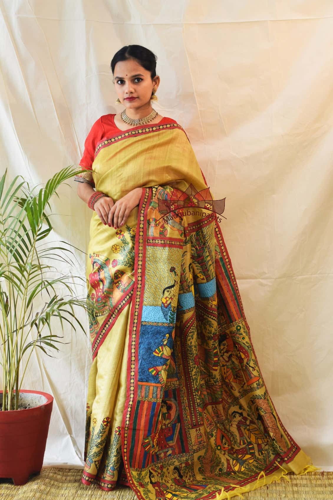 Madhubani Paints Vishnu Avatar Hand Painted Saree — image 2 of 5