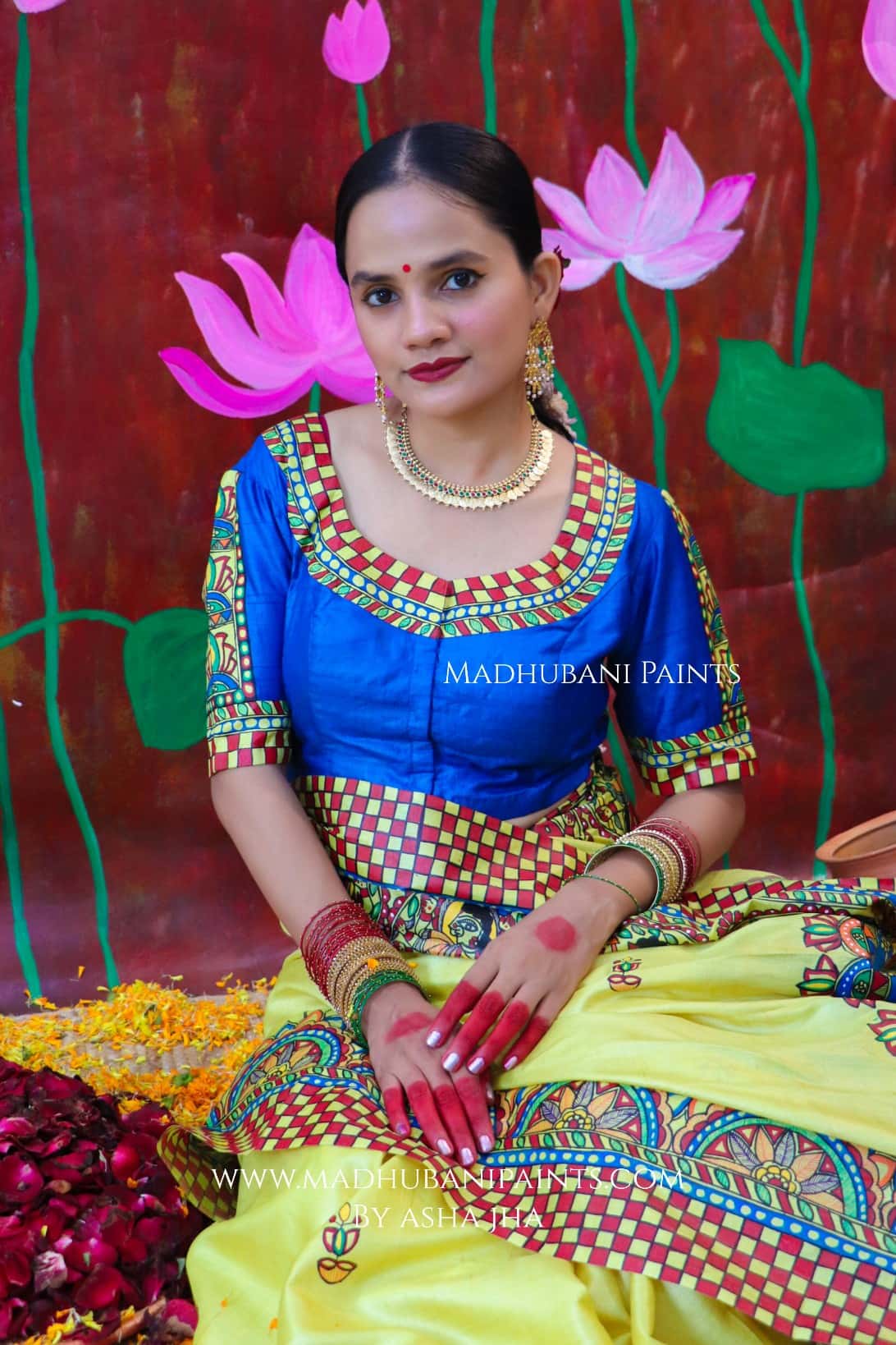 "KAMAKSHI" Handpainted Madhubani Tussar Silk saree blouse set — image 6 of 12