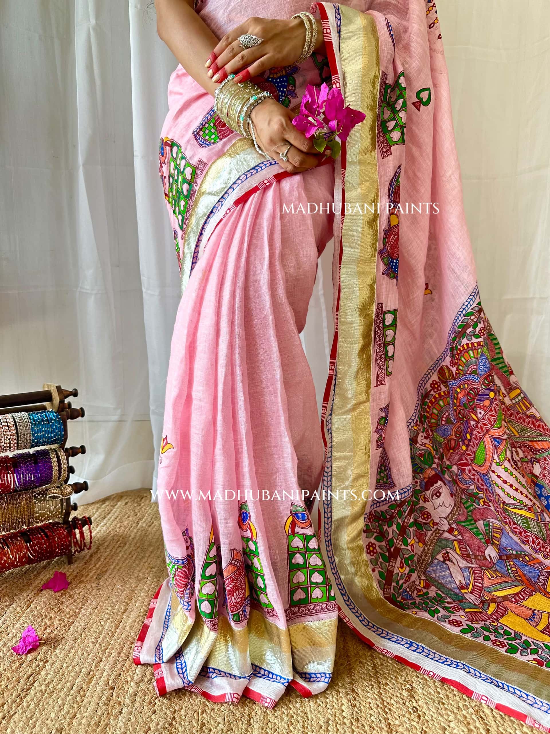 Gulabi Bridal Hand-painted Madhubani Painting Saree