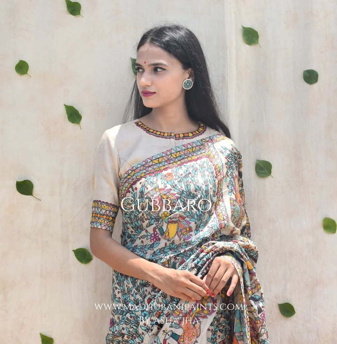'Mithila ki Neeli Doli' Madhubani Hand-painted Saree Blouse Set — image 4 of 13