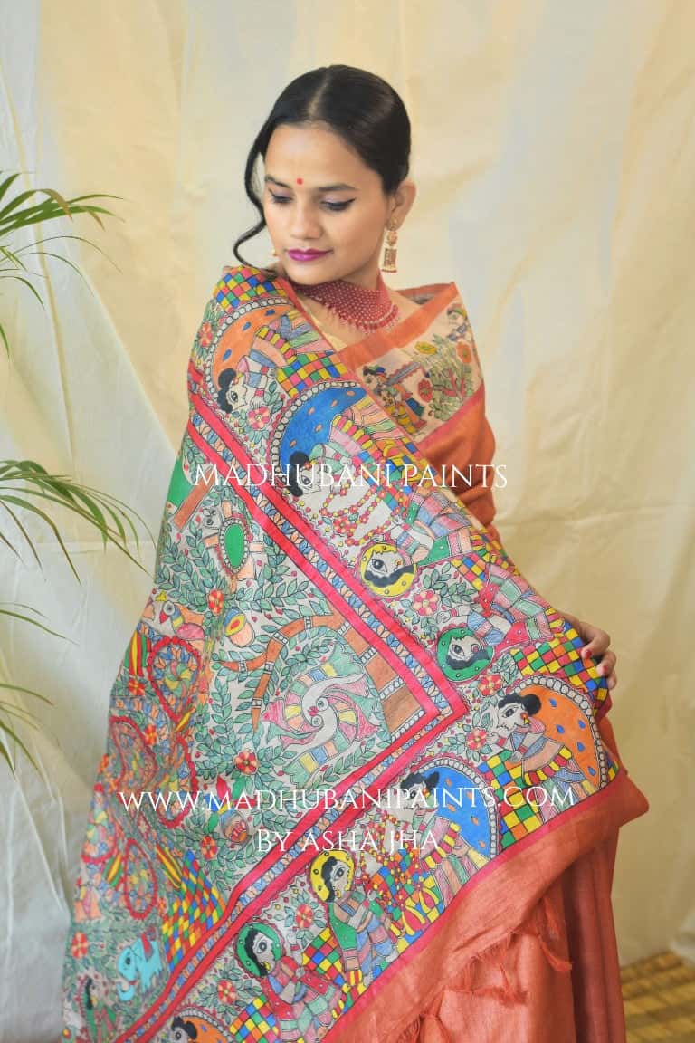Madhubani Paints Kohbar Rust Orange Saree — image 2 of 4