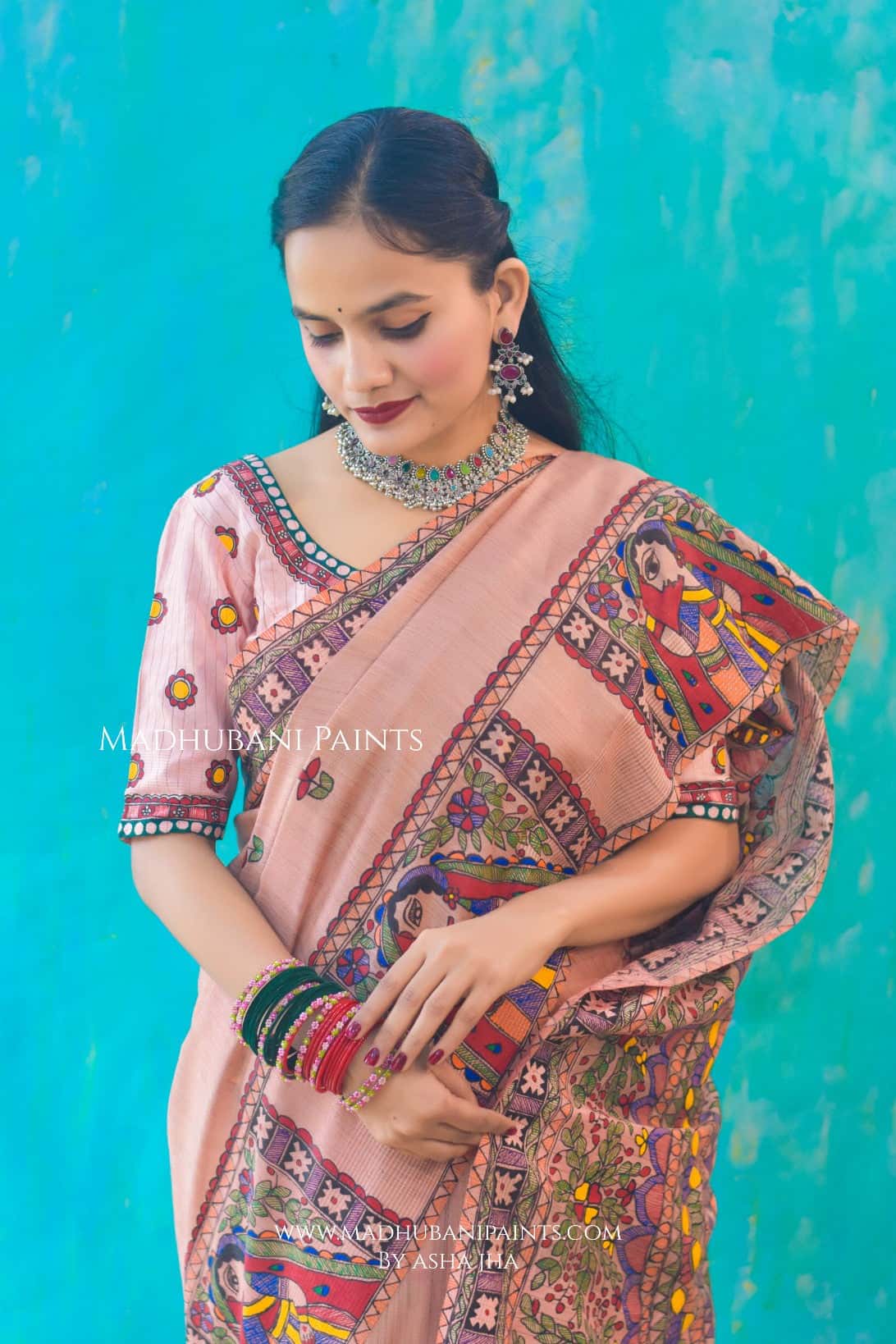 DOLI DARPAN Handpainted Madhubani Chanderi Saree Blouse Set — image 2 of 9