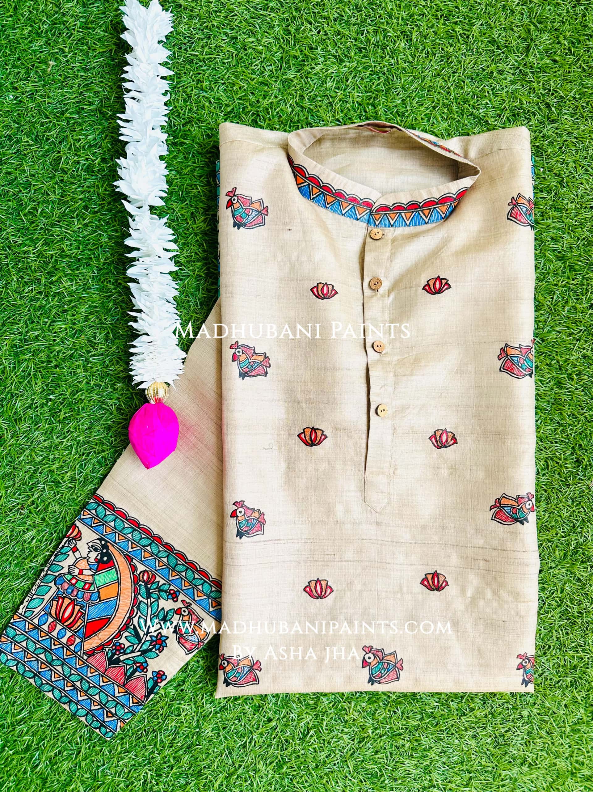 Radha Krishna Mayuri Hand-painted Handloom Men's Tussar Silk Kurta — image 3 of 4