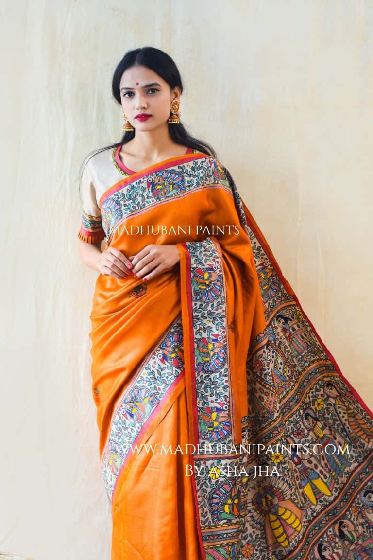 'SITA RAM' Handpainted Madhubani Tussar Silk Saree — image 3 of 4