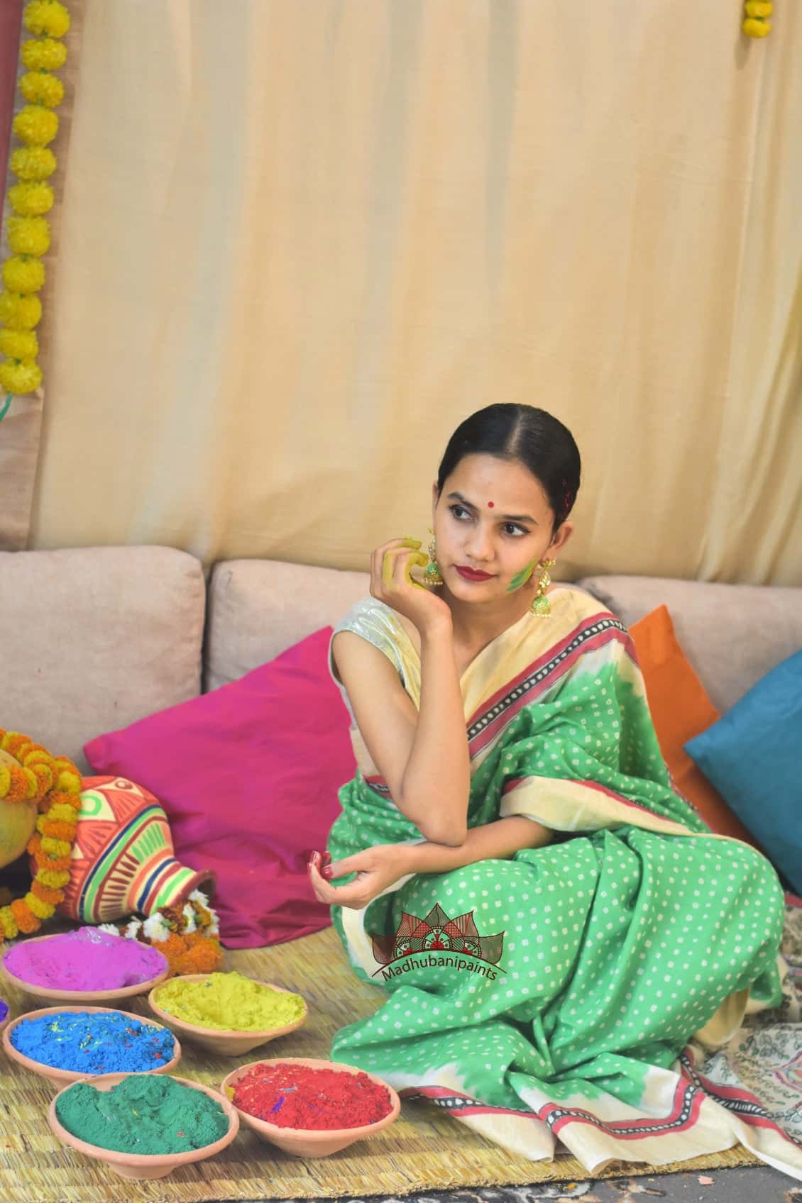 Madhubani Hariyali Bageecha Bandhej Hand Painted Saree — image 5 of 6