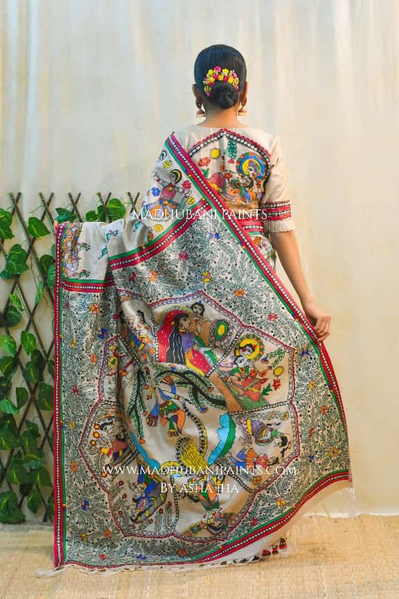 NANDGOPALA RADHA' Handpainted Madhubani Tussar Silk Saree Blouse set — image 2 of 8