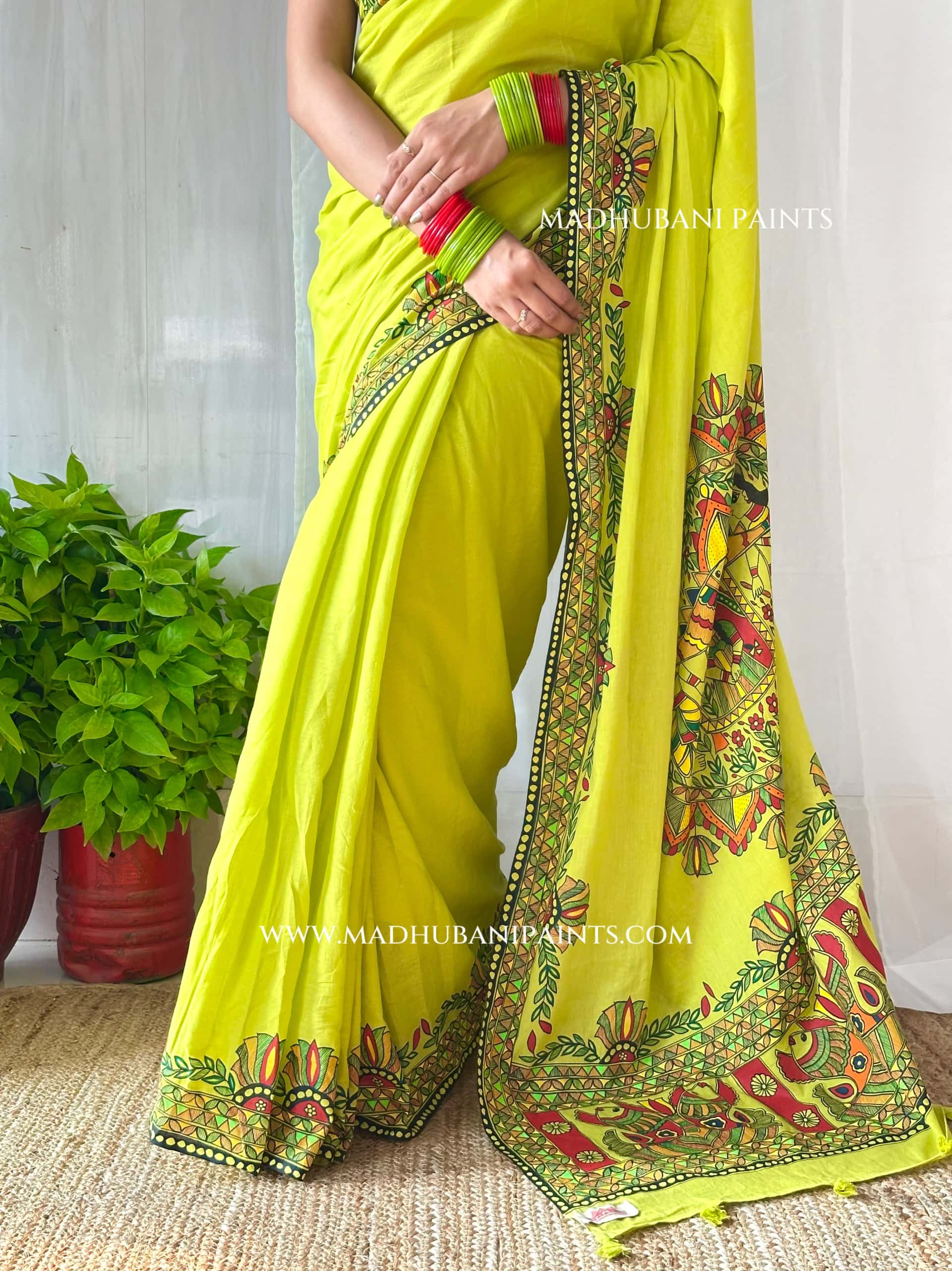 Hara Shringar Handpainted Madhubani Cotton Saree — image 3 of 9