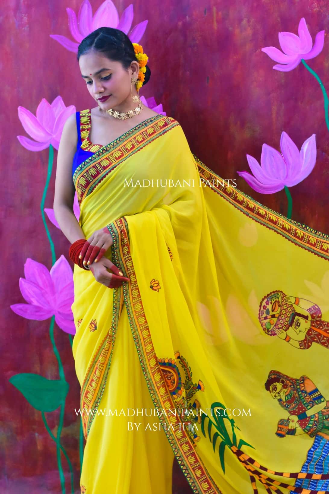 BHAKTI BHAVA Chhath Puja Hand painted Madhubani Georgette Saree — image 2 of 8