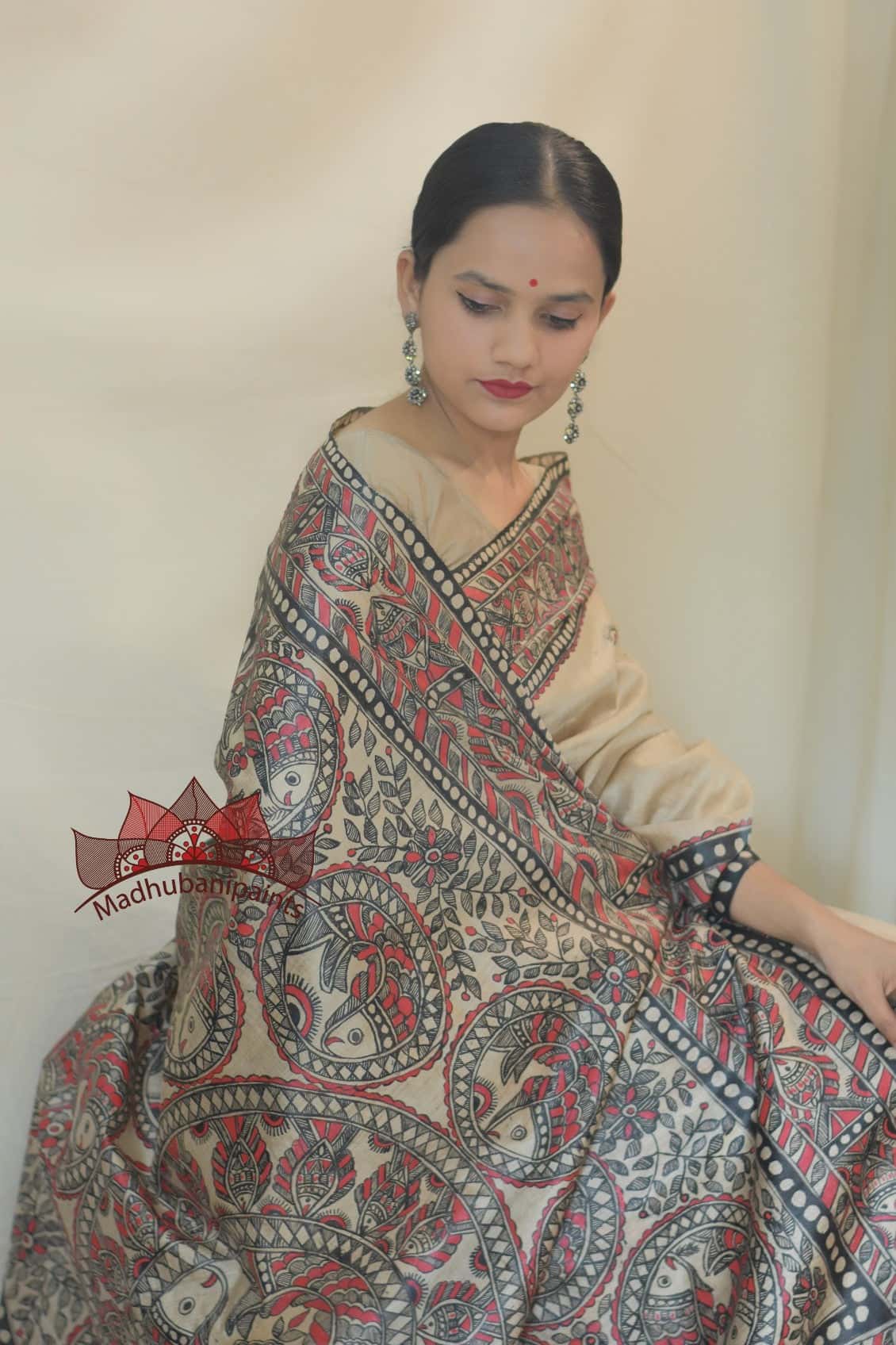 Madhubani Surmain Laal Kala Kachni Bharni Saree — image 2 of 9
