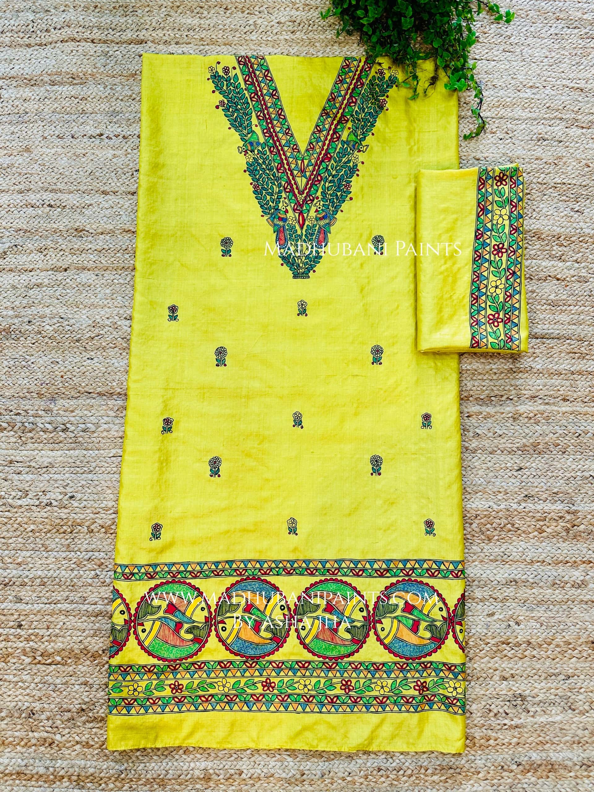 Kohbar Mayur Macchli Handpainted Unstitched Tussar Silk Kurta — image 2 of 3