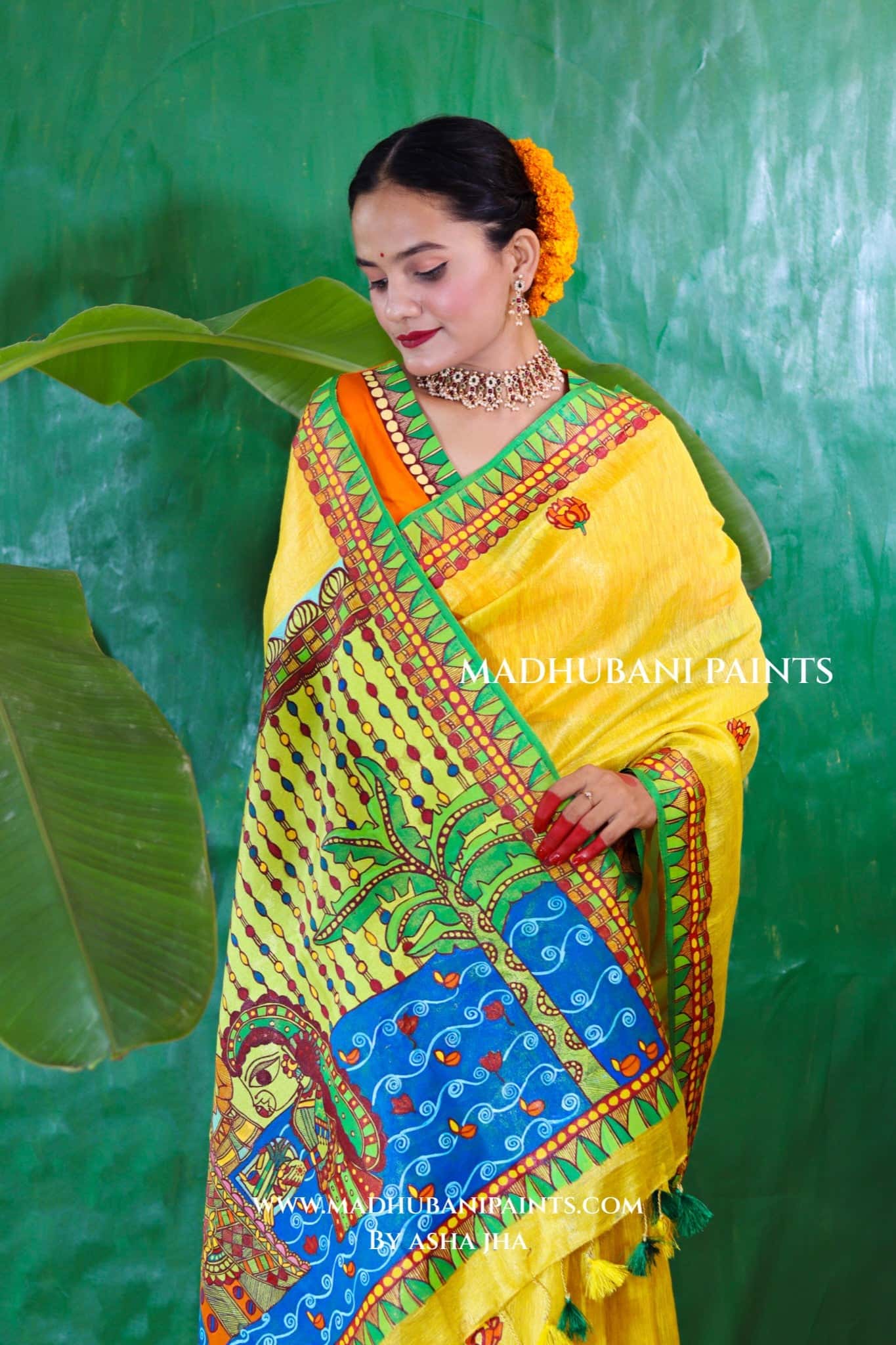 VRATI Chhath Puja Handpainted Madhubani Tissue Linen Saree Blouse Set — image 6 of 15