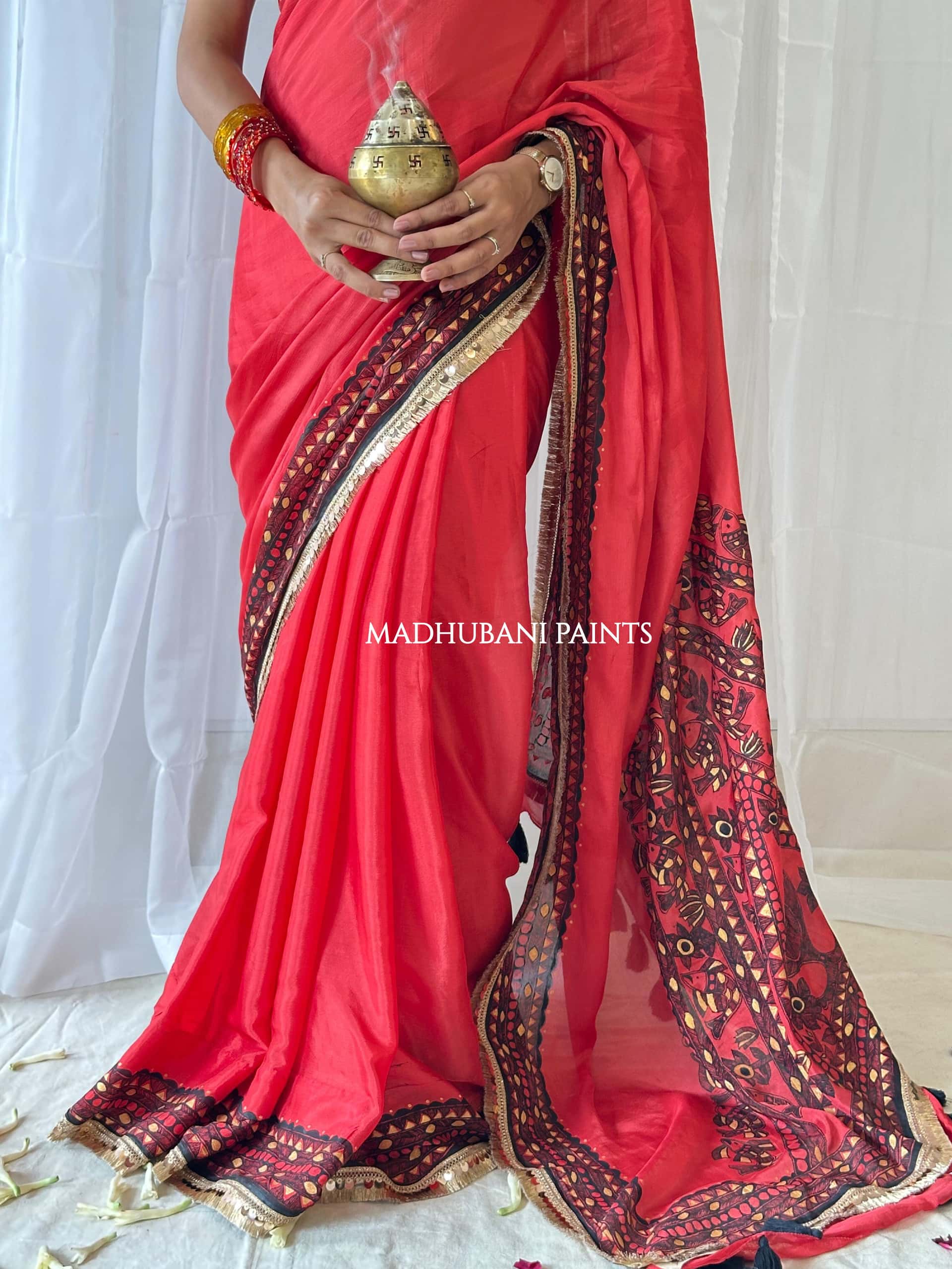 LAAL BRIDAL Hand-painted Madhubani Chiffon Saree — image 3 of 7