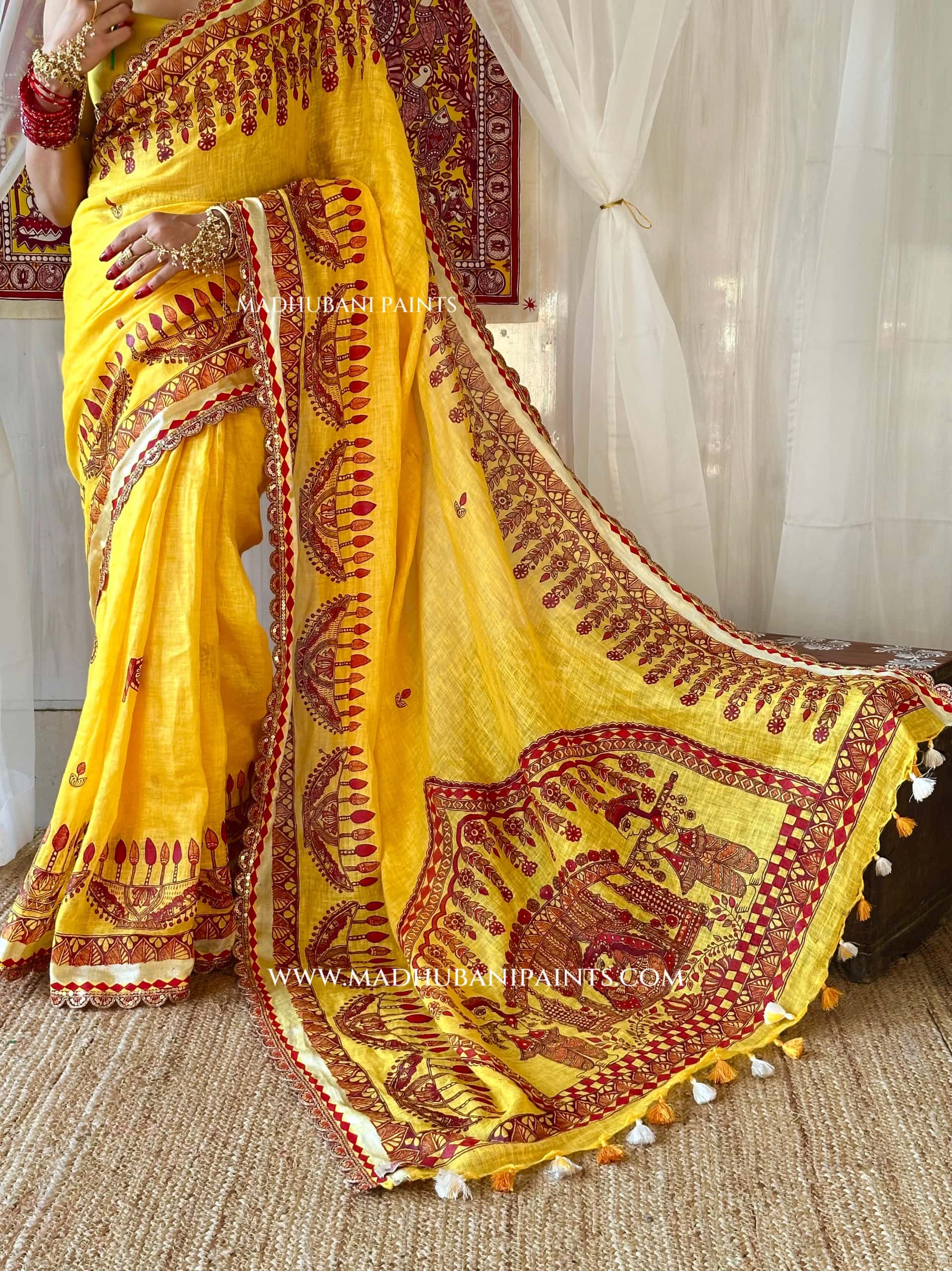 Haldi Bridal Hand-painted Madhubani Painting Saree — image 5 of 12