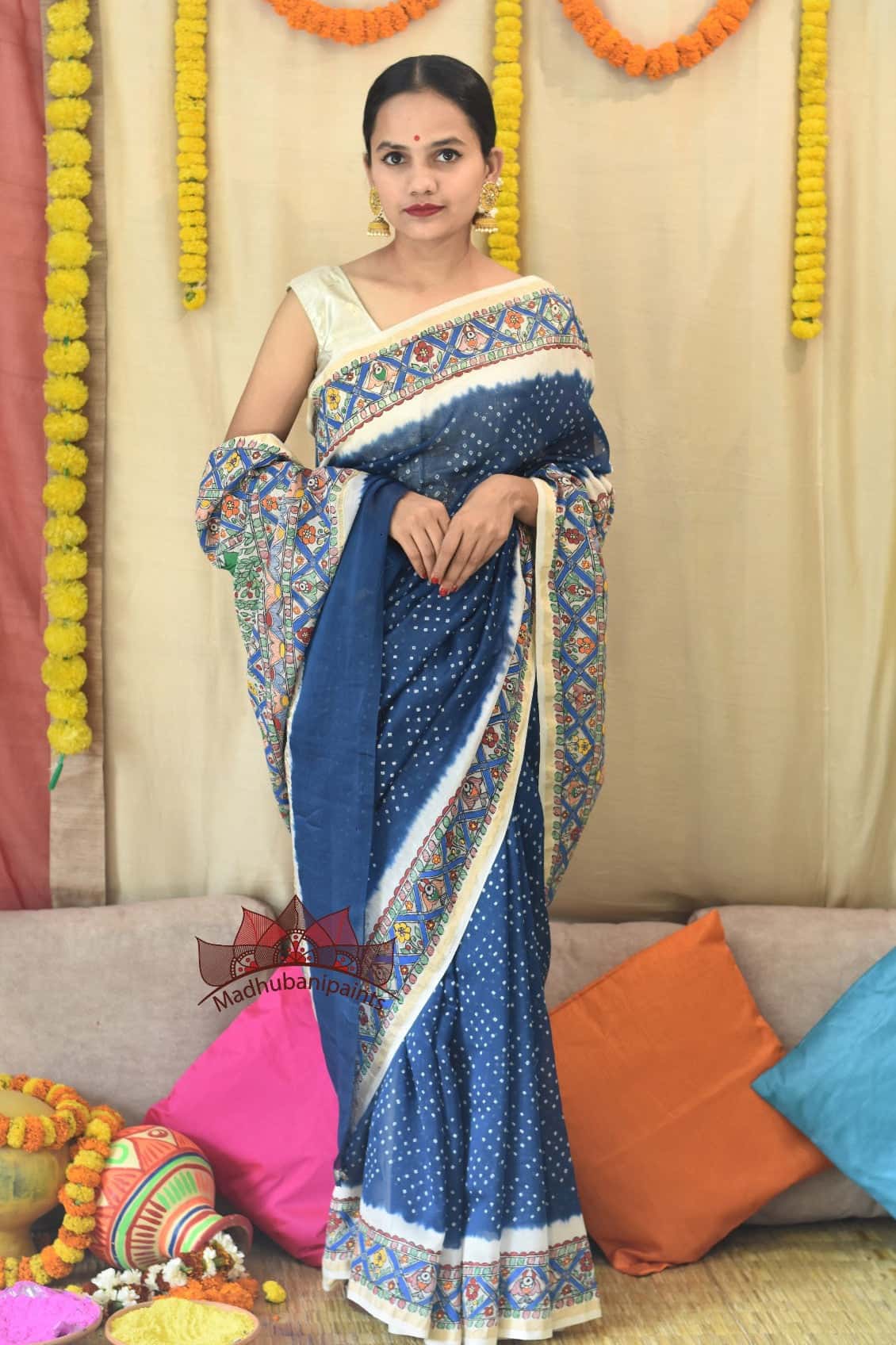 Neeli Vrindavan Bandhej Hand Painted Saree — image 7 of 7