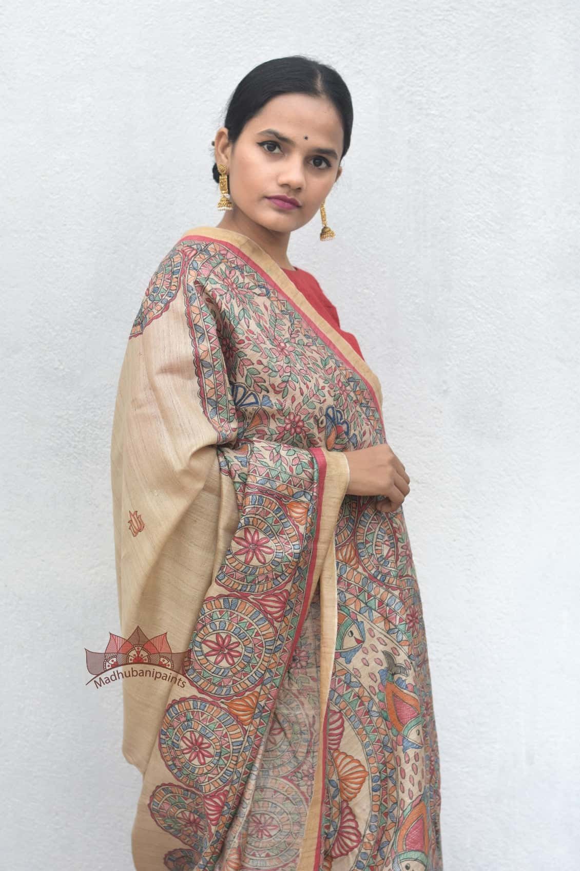 Enchanting Nature Madhubani Hand Painted Saree — image 2 of 4