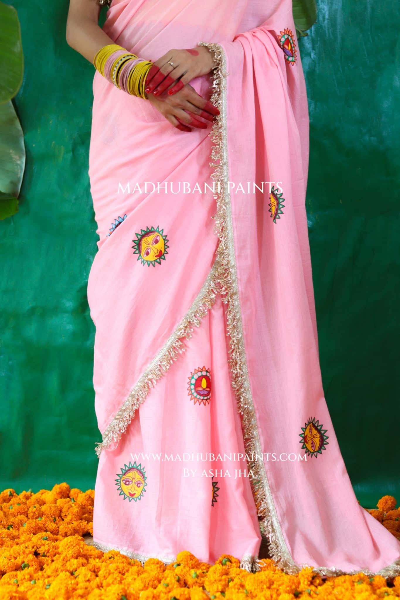 SURYA Chhath Puja Handpainted Madhubani Cotton Saree Blouse Set — image 5 of 11
