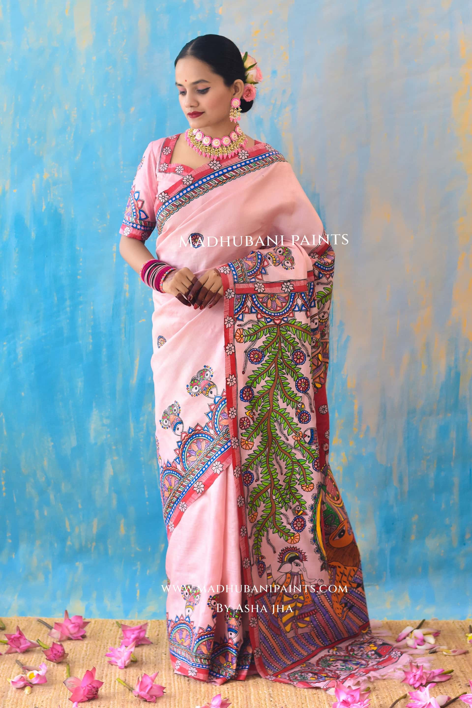 PADAMSUNDARI Hand-painted Madhubani Tussar Silk Saree Blouse Set — image 4 of 10