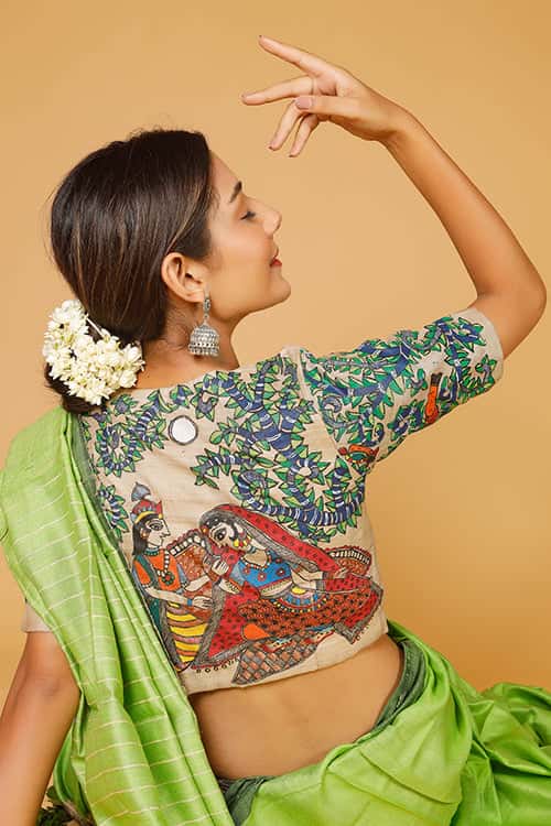 'Radha Krishna Raasleela' Handpainted Madhubani Tussar Silk Blouse — image 4 of 7