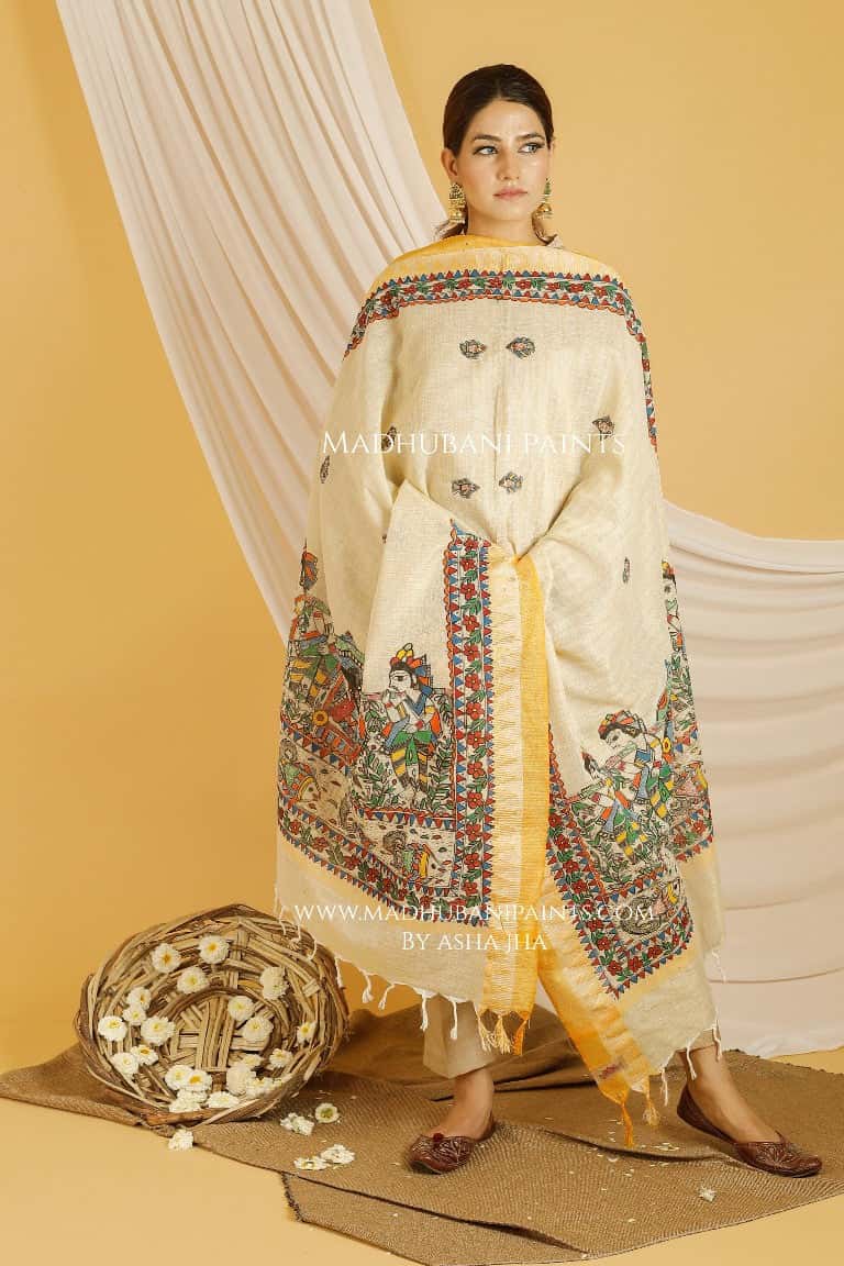 Bidai Madhubani Handpainted Pure Handloom Cotton Dupatta — image 3 of 4