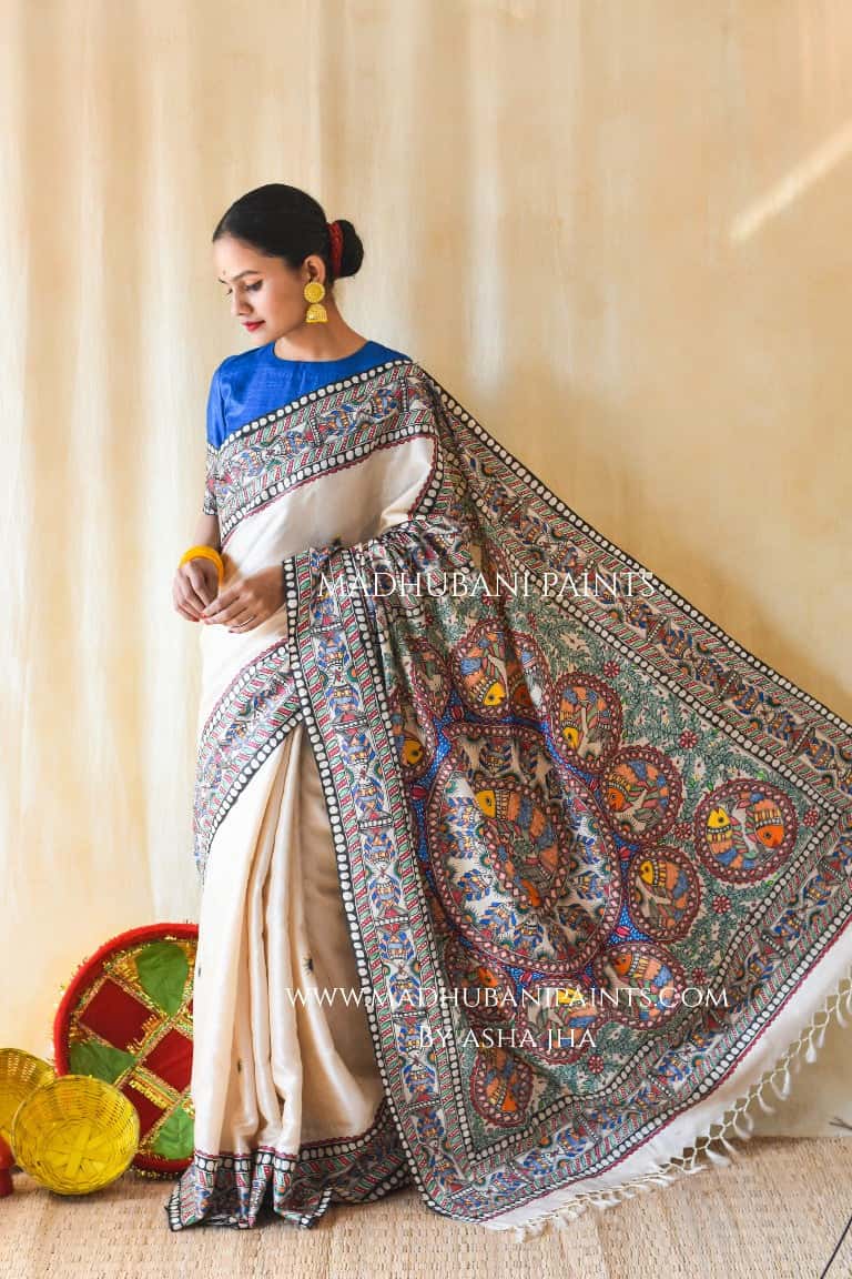 'MATSYA RAAS'  Handpainted Madhubani Tussar Silk Saree Blouse Set