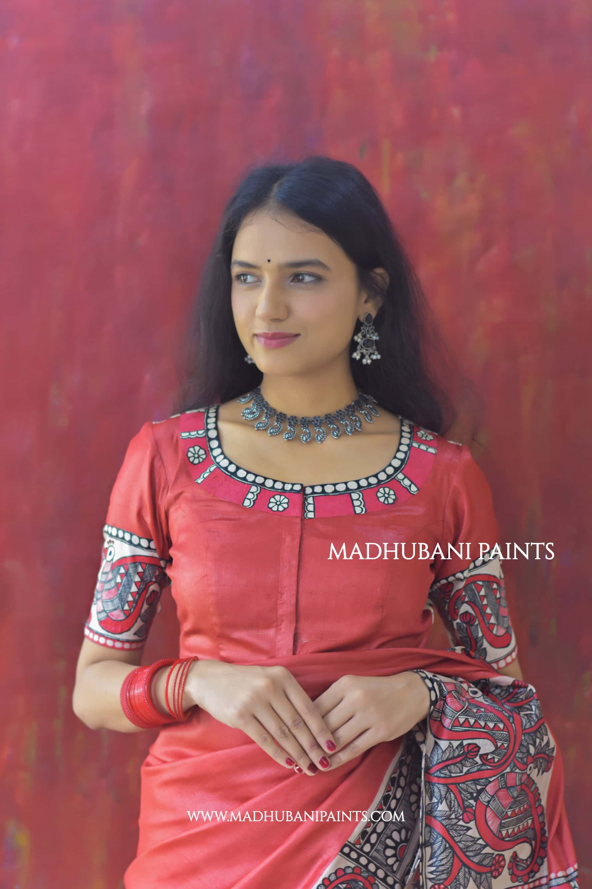 RED BENGALI WEDDING Hand-painted Madhubani Tussar Silk Blouse — image 3 of 4