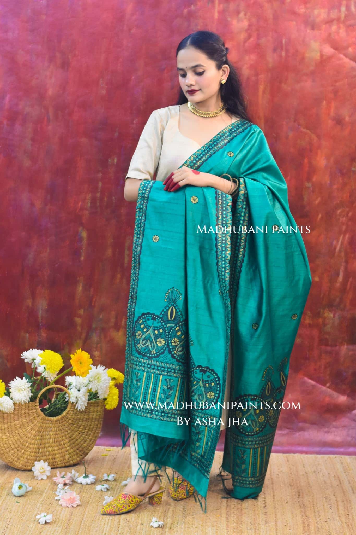 'HARIYALI RANG' Handpainted Madhubani Tussar Silk Dupatta — image 3 of 8