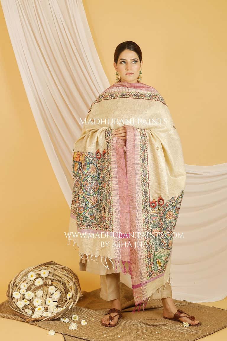 Kohbar Madhubani Handpainted Pure Handloom Cotton Dupatta — image 3 of 4