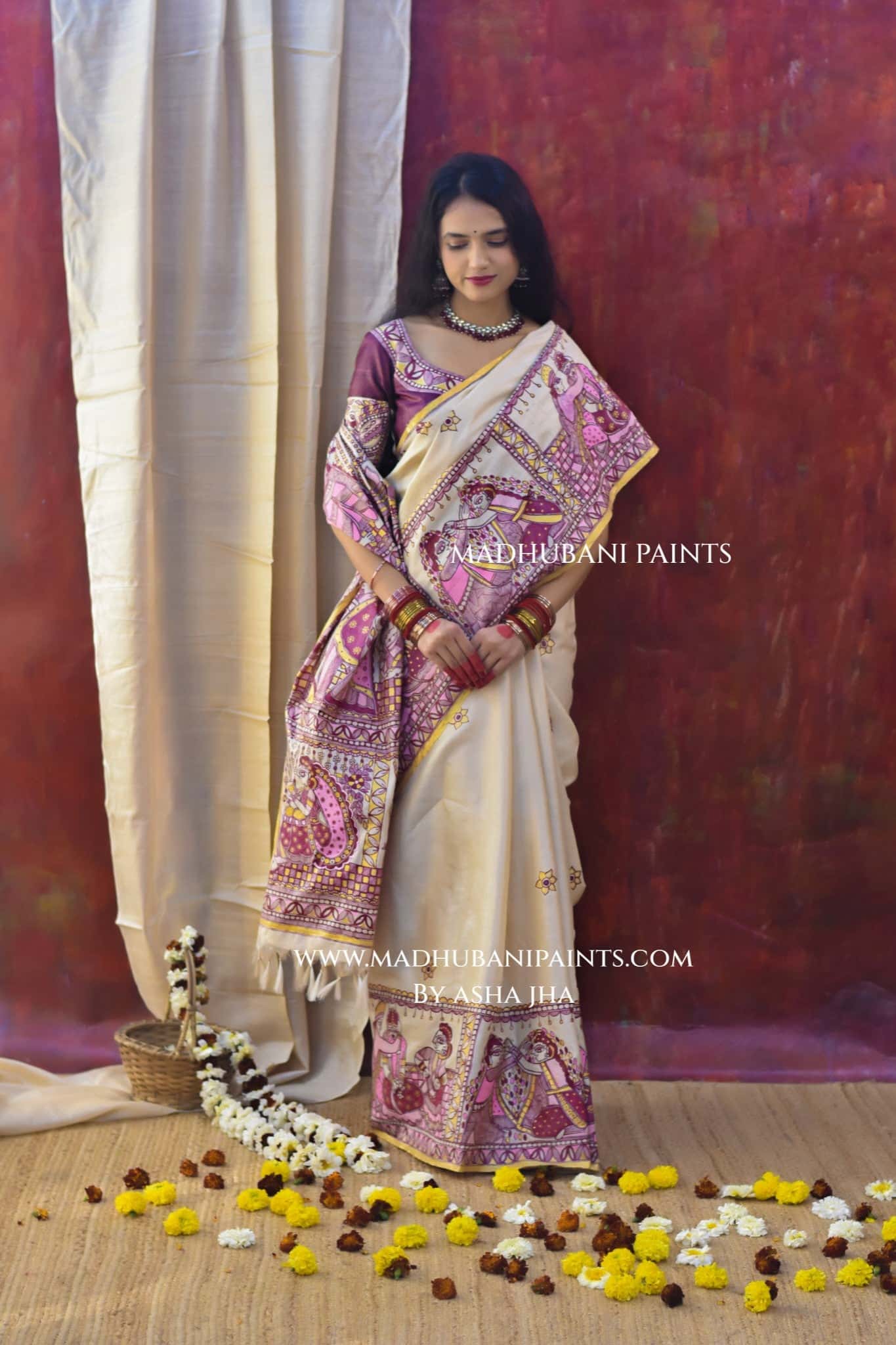 SUHAGIN Hand-painted Madhubani Tussar Silk Saree — image 4 of 9