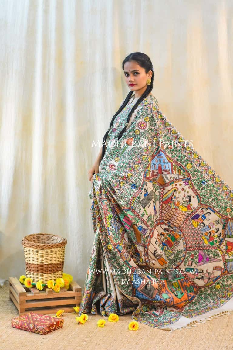 'KAHANI PADMA KI' Handpainted Madhubani Tussar Silk Saree — image 2 of 11