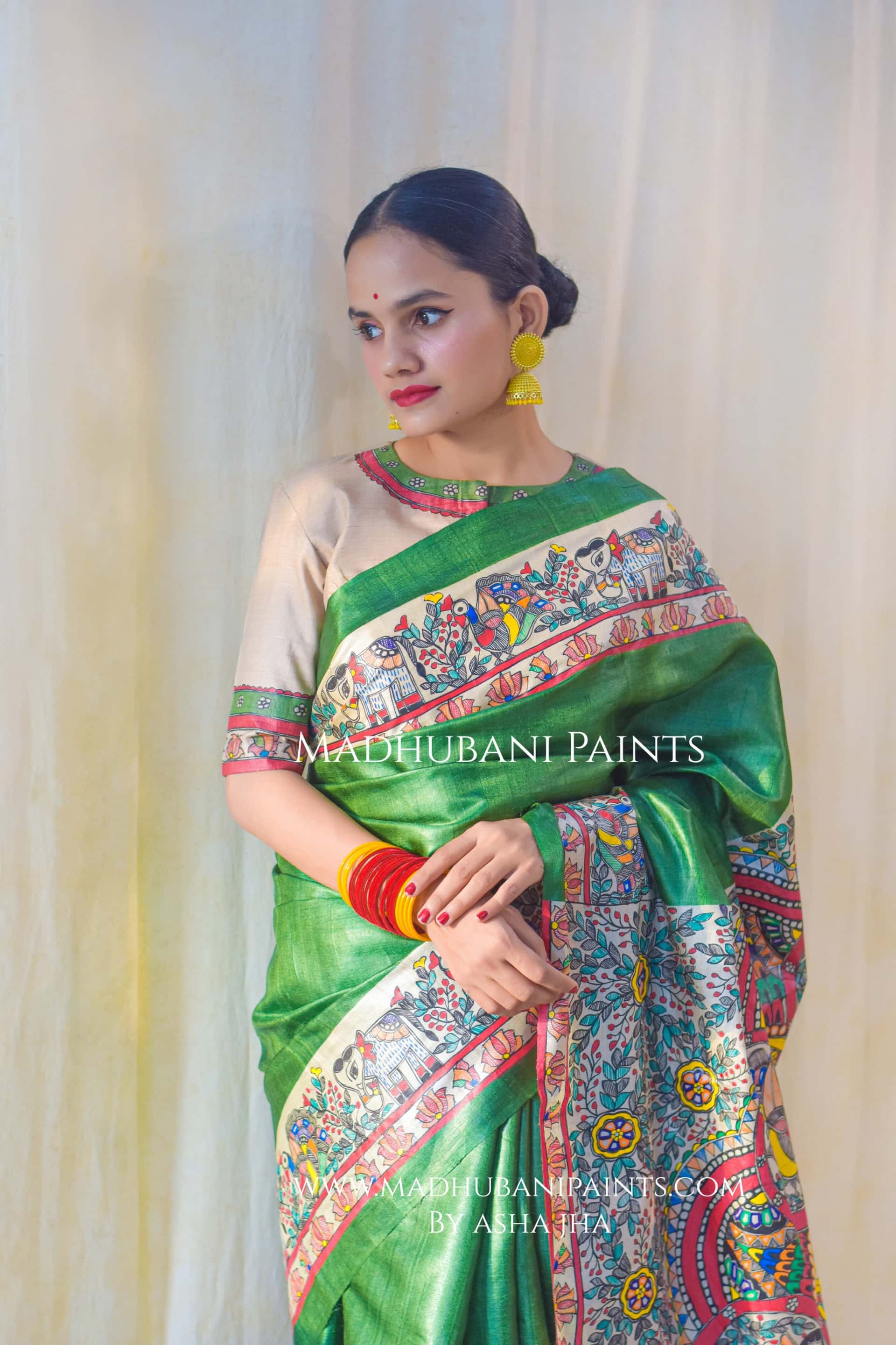 'HARIYALI'  Handpainted Madhubani Tussar Silk Saree Blouse Set — image 6 of 8