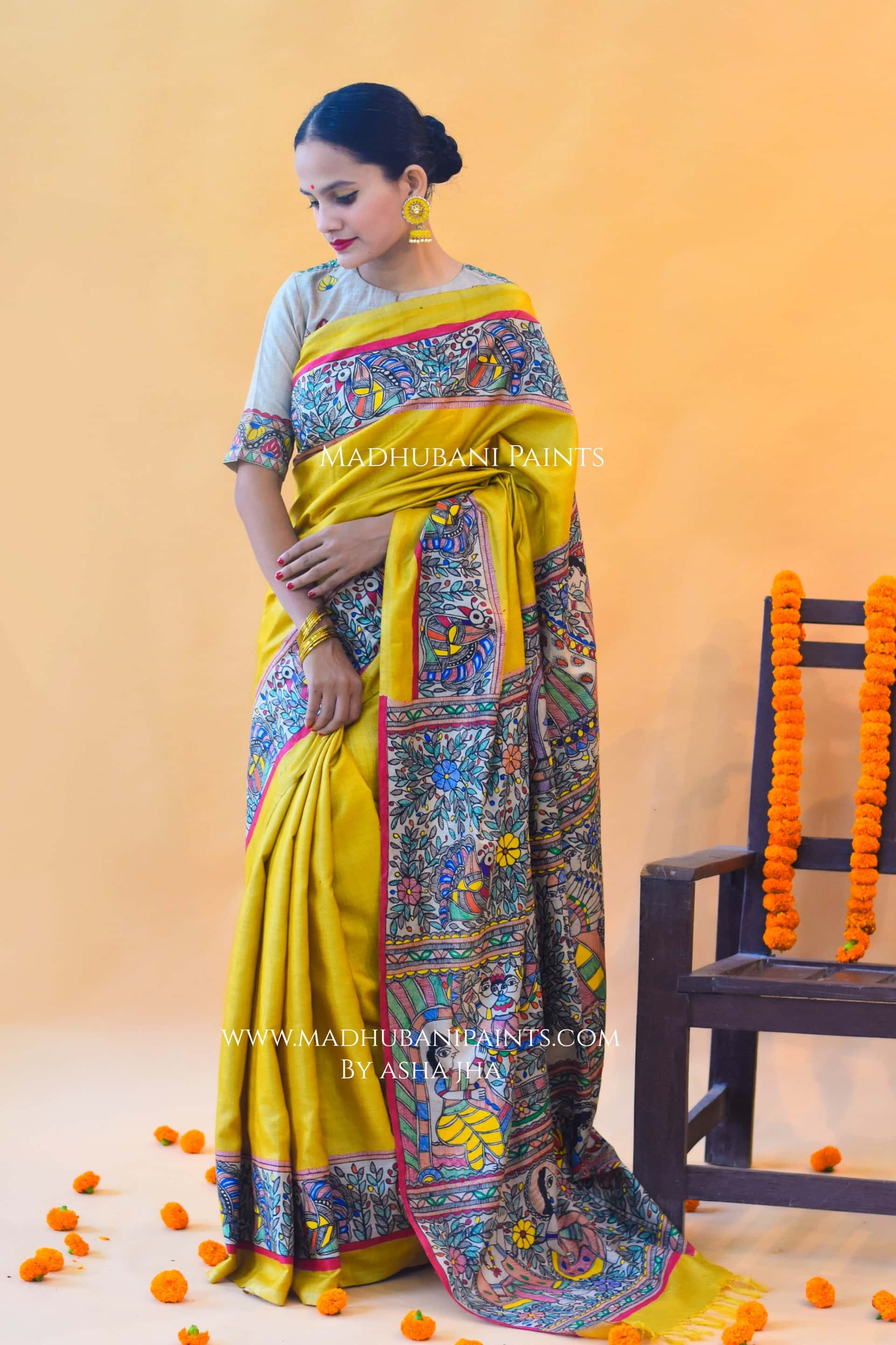 "Peela Ramayan" Hand-painted Madhubani Tussar Silk Saree Blouse Set — image 2 of 8