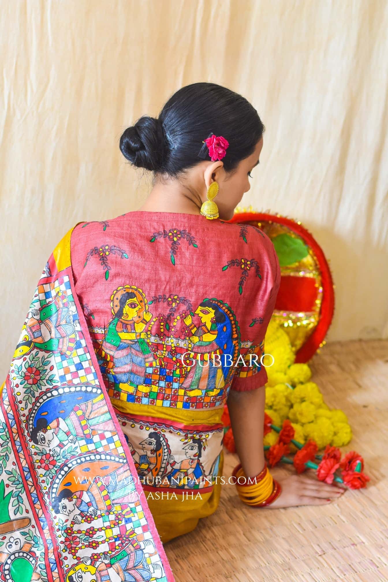 Mithila Kohbar Hand Painted Madhubani Tussar Silk Saree Blouse — image 3 of 10
