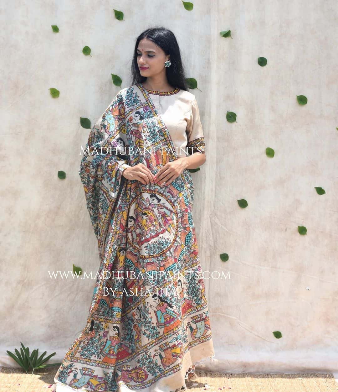 'Mithila ki Neeli Doli' Madhubani Hand-painted Saree Blouse Set — image 11 of 13