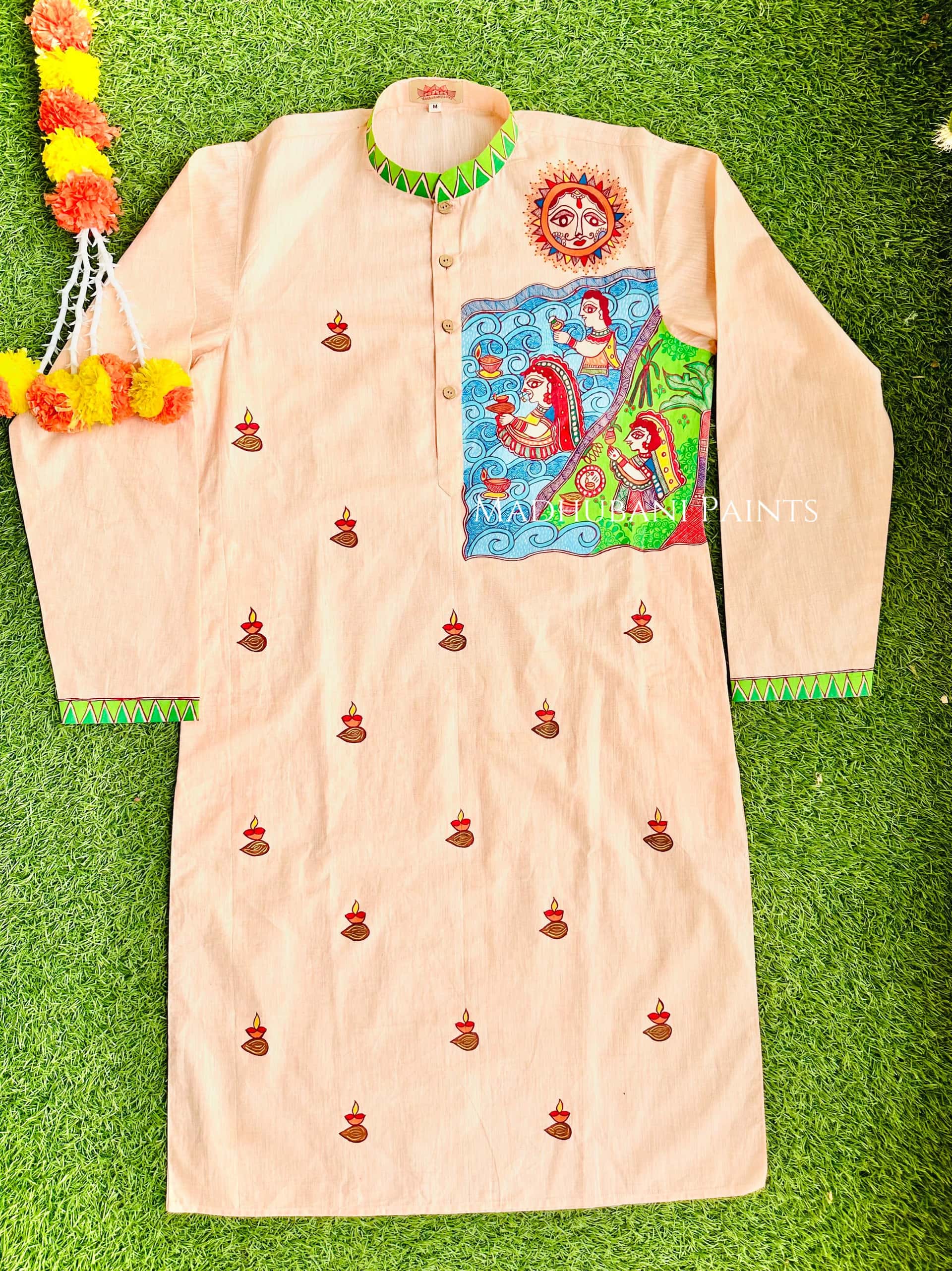 Peach Chhath Puja Hand-painted  Madhubani Men's Cotton Kurta — image 4 of 6