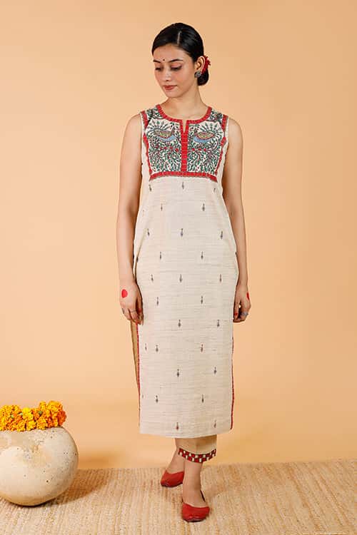'Mithila Mayur' Handpainted Madhubani Cotton Kurta — image 4 of 8