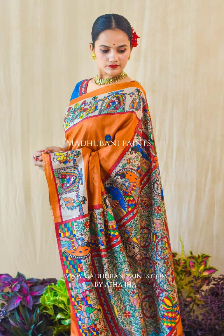 Swayamvar Kohbar Kathaa Madhubani Paints Hand Painted Saree Blouse Set — image 6 of 7