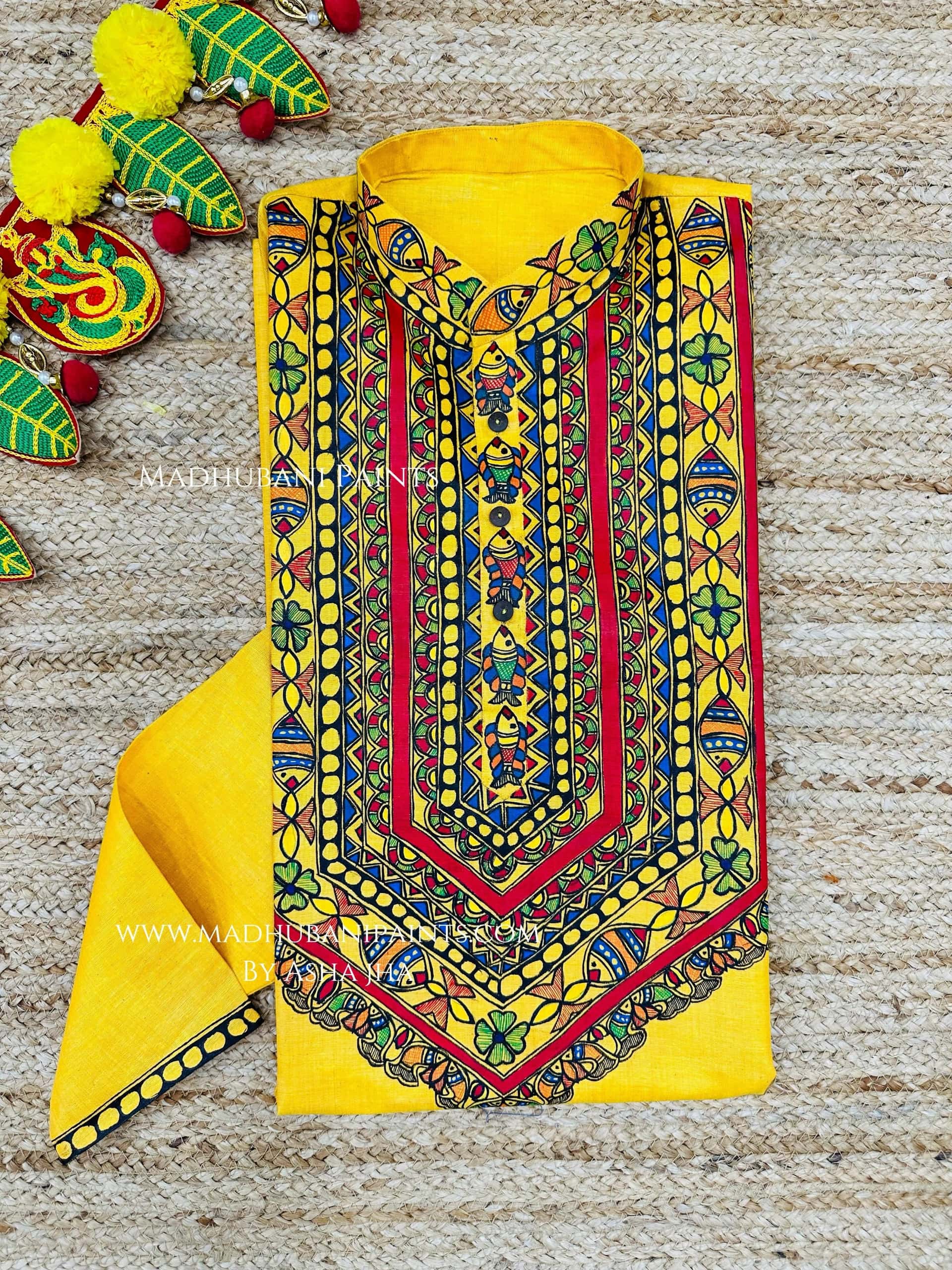 Yellow Surmai Kamal Hand-painted  Madhubani Men's Cotton Kurta — image 3 of 4