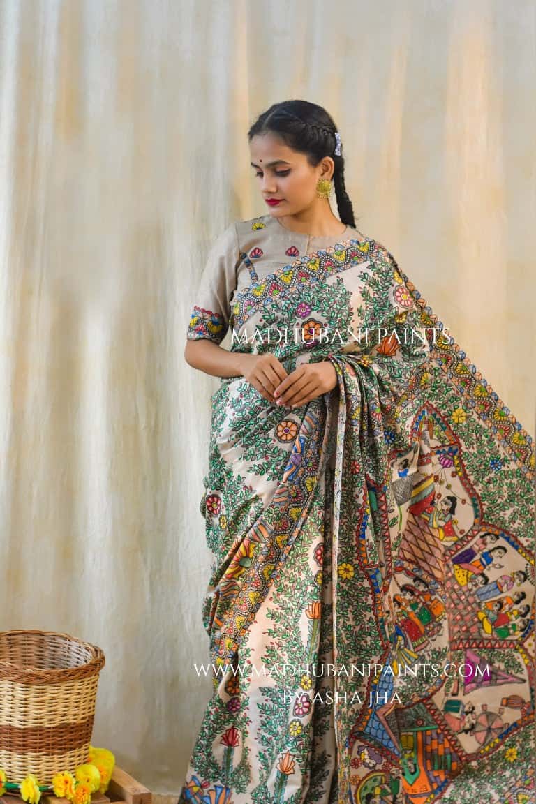 'KAHANI PADMA KI' Handpainted Madhubani Tussar Silk Saree — image 4 of 11
